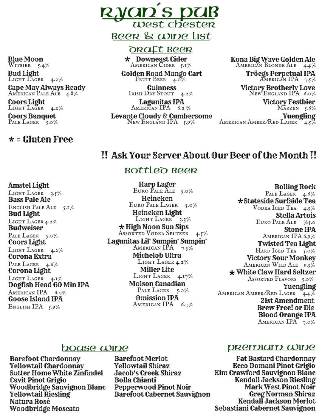 Beer Menu Ryan's Pub
